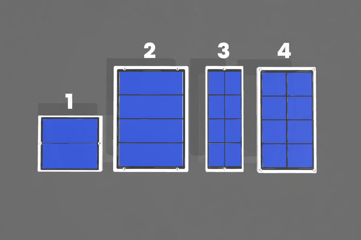 Set of solar panels of different sizes on a gray background